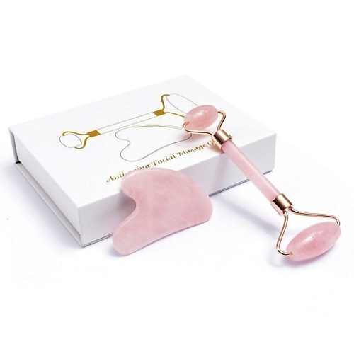 фото Lichi массажер для лица, ролик и скребок гуаша из натурального розового кварца в подарочной упаковке