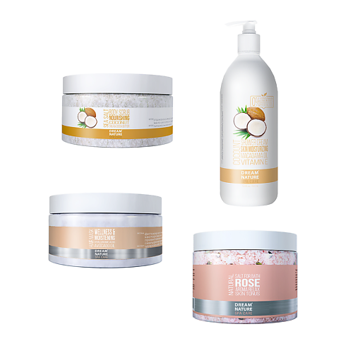 DREAM NATURE НАБОР 4 в 1:Гель"Кокос"Скраб"Питательный" Соль с розой Маска"Оздоровление и увлажнение", НАБОР 4 в 1:Гель"Кокос"Скраб"Питательный" Соль с розой Маска"Оздоровление и увлажнение"