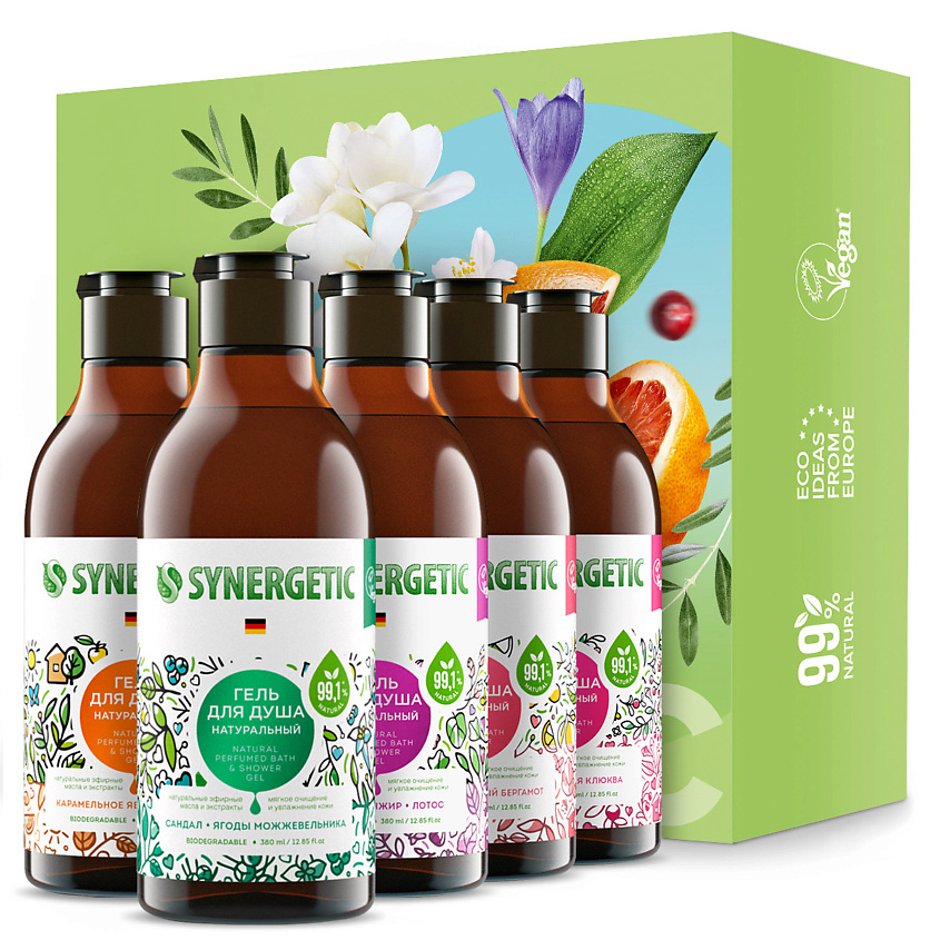SYNERGETIC Подарочный набор SYNERGETIC гелей для душа: полная коллекция ароматов, 380 мл *5 шт.