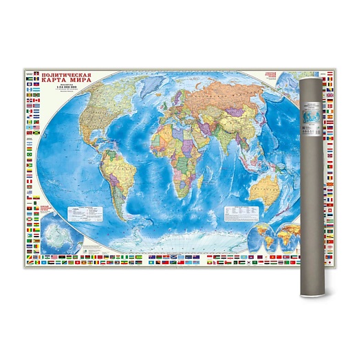 ГЕОДОМ Карта настенная в тубусе Мир Политический с флагами ЛАМ