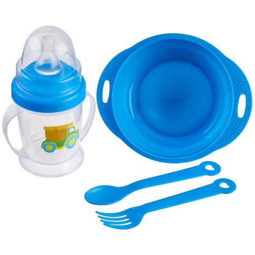 Набор для кормления КРОШКА Я Набор детской посуды «Малыш», 4 предмета: тарелка, бутылочка, ложка, вилка, от 5 месяцев фотографии