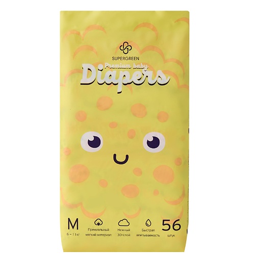 Подгузники SUPERGREEN  Premium baby Diapers размер M ( вес 6-11 кг) 56