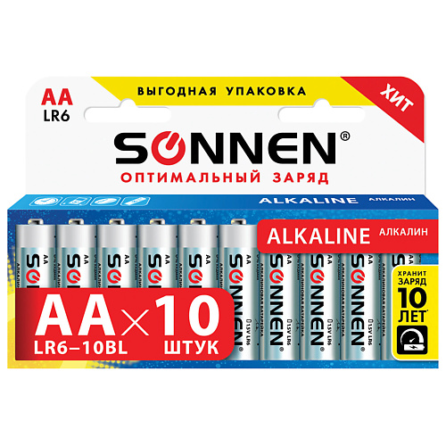 SONNEN Батарейки Alkaline, АА (LR6, 15А) пальчиковые 10 gp batteries батарейки аккумуляторные gp аа hr6 пальчиковые 4