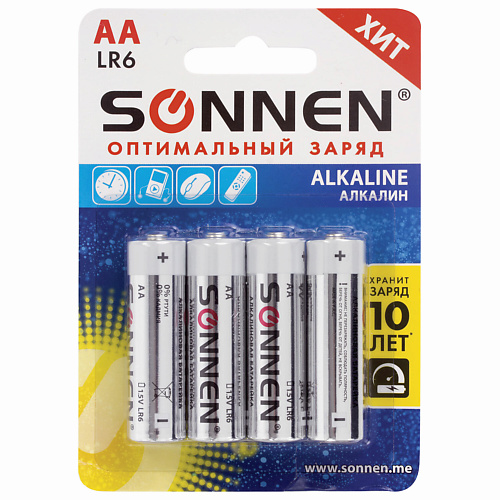 Батарейки SONNEN Батарейки Alkaline, АА (LR6, 15А) пальчиковые