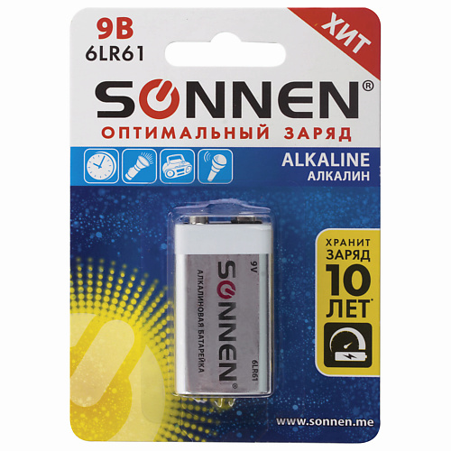 Батарейки SONNEN Батарейка Alkaline, Крона (6LR61, 6LF22, 1604A) цена и фото