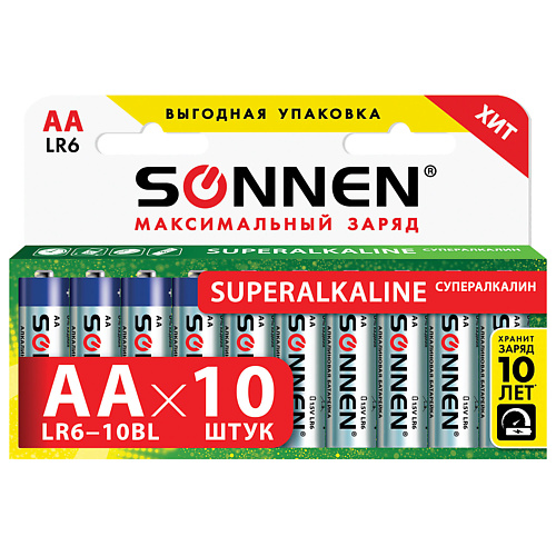 SONNEN Батарейки Super Alkaline, АА (LR6,15А) пальчиковые 10