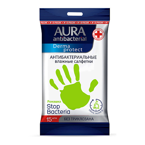 Для ванной и душа AURA Derma Protect Влажные салфетки антибактериальные АЛОЭ 15