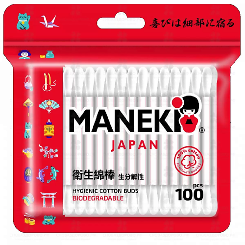 MANEKI Палочки ватные Red с белым бумажным стиком 100 maneki палочки ватные b