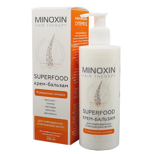 МИНОКСИН SUPERFOOD Крем-бальзам для поврежденных и окрашенных волос 250.0 compliment бальзам 7 редких масел для поврежденных и секущихся волос biobotanica active 200