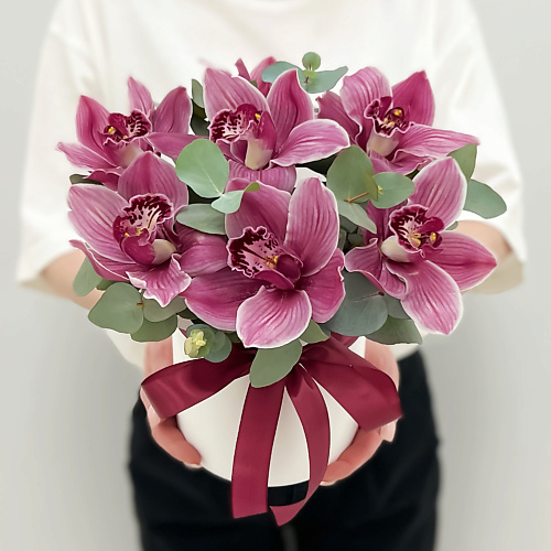Букет живых цветов ЛЭТУАЛЬ FLOWERS Орхидеи с эвкалиптом в шляпной коробке Ягодный мусс / букет из орхидей