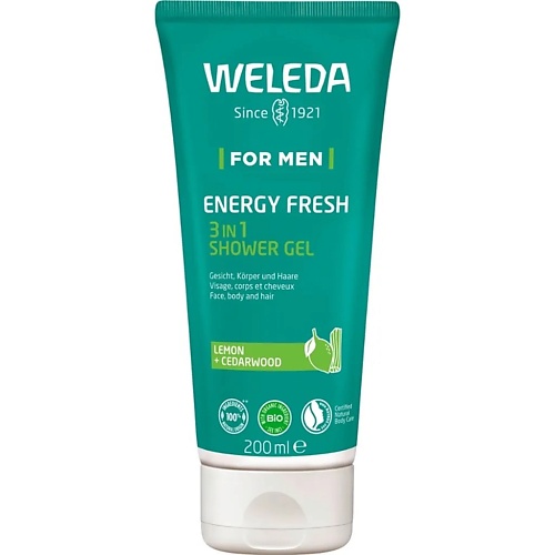 натуральный шампунь гель для душа fitness 2in1 shampoo shower gel гель 1000мл Гель для душа WELEDA Бодрящий гель для душа и шампунь для мужчин For Men Energy Fresh 3-in-1 Shower Gel