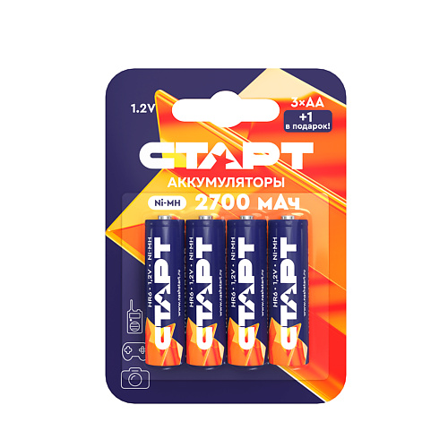 Батарейки СТАРТ Аккумуляторные батарейки пальчиковые AA, HR6,  аккумуляторы 2700mAh Ni-MH, набор 4 шт батарейки пальчиковые 4 шт