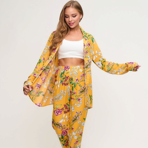 COMFY HOME Пижама желтая с цветочным принтом брюки из штапеля
