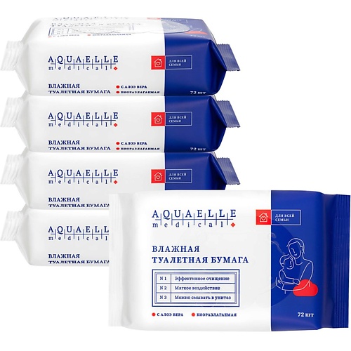 Средства для гигиены Aquaelle medical  Влажная туалетная бумага мультипак, 5 упаковок по 62 штуки