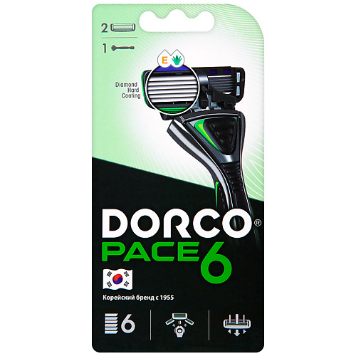 DORCO Бритва с 2 сменными кассетами PACE6, 6-лезвийная dorco женская одноразовая бритва для стоп foot care 1 лезвийная 1
