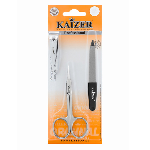 пилка для педикюра kaizer металлическая изогнутая в ассортименте 1 шт Набор инструментов для маникюра и педикюра KAIZER Комплект 3 предмета: клиппер, ножницы, пилка