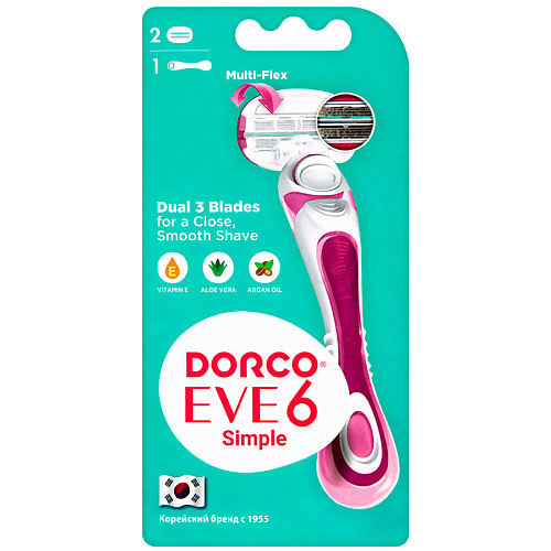 DORCO Женская бритва с 2 сменными кассетами EVE6, 6-лезвийная dorco женская одноразовая бритва для стоп foot care 1 лезвийная 1