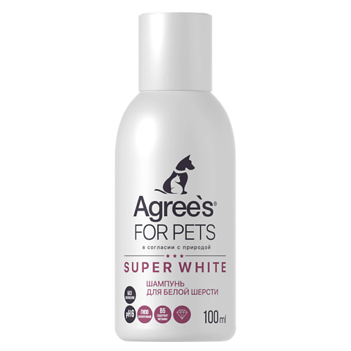 Уход для животных AGREE'S FOR PETS Шампунь для животных SUPER WHITE, для белой шерсти, с экстрактами трав, витамин В6 100