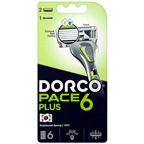 DORCO Бритва с 2 сменными кассетами PACE6 Plus, 6-лезвийная + лезвие-триммер dorco бритва одноразовая pace6 6 лезвийная 1