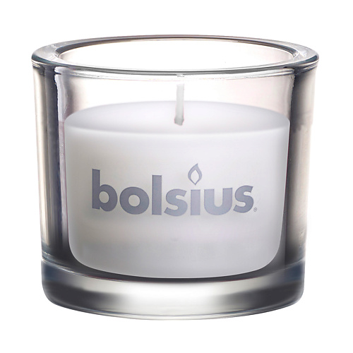 BOLSIUS Свеча в стекле Classic белая 764 свеча цилиндр ажурная 6х15 см белая с поталью