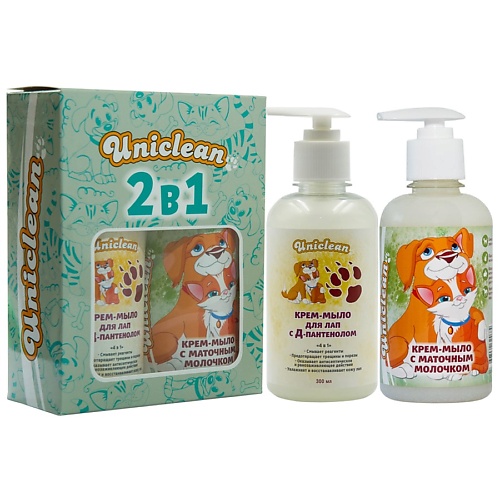 Набор средств ухода для животных UNICLEAN Подарочный набор крем-мыло для лап с Д-Пантенолом  и крем-мыло с маточным молочком