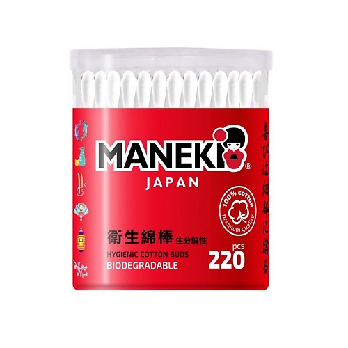 MANEKI Палочки ватные RED с бумажным стиком 220 maneki палочки ватные sakura с бумажным стиком 200