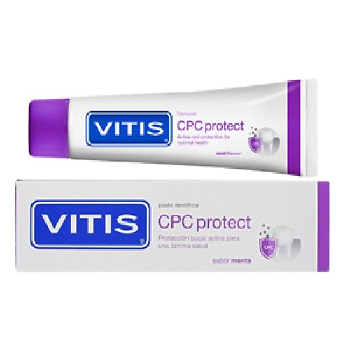 DENTAID Зубная паста VITIS CPC Protect, с цетилпиридиния хлоридом 0,14% и фтором 100 dentaid зубная паста vitis sensitive для лечения гиперчувствительности зубов вкус мята 100