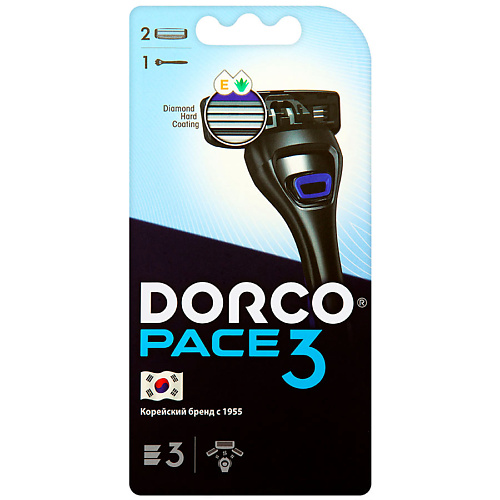DORCO Бритва с 2 сменными кассетами PACE3, 3-лезвийная dorco женская бритва одноразовая eve6 6 лезвийная 1