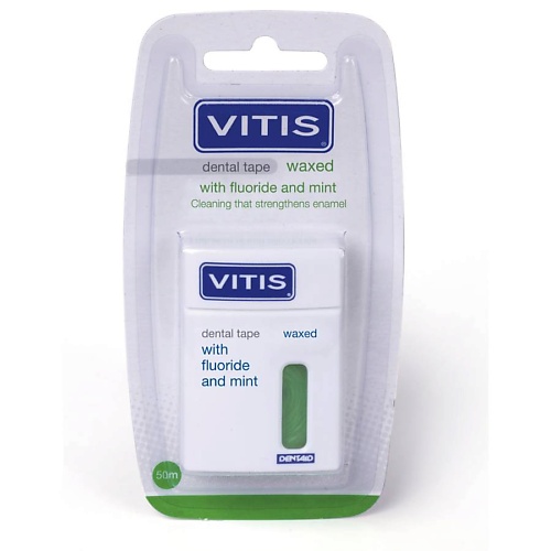 DENTAID Межзубная нить VITIS Waxed Dental Tape FM, плоская, со фтором и мятой, 50 м 50 curaprox нить межзубная мятная 28
