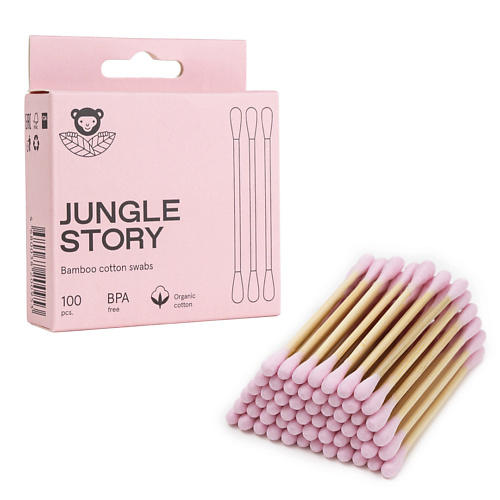 Ватные палочки JUNGLE STORY Бамбуковые ватные палочки с органическим розовым хлопком ватные диски jungle story квадратные 100 шт