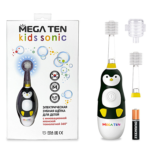 MEGA TEN Электрическая зубная щетка ПИНГВИНЕНОК В НАБОРЕ KIDS SONIC mega ten детская электрическая зубная щетка kids sonic пингвиненок