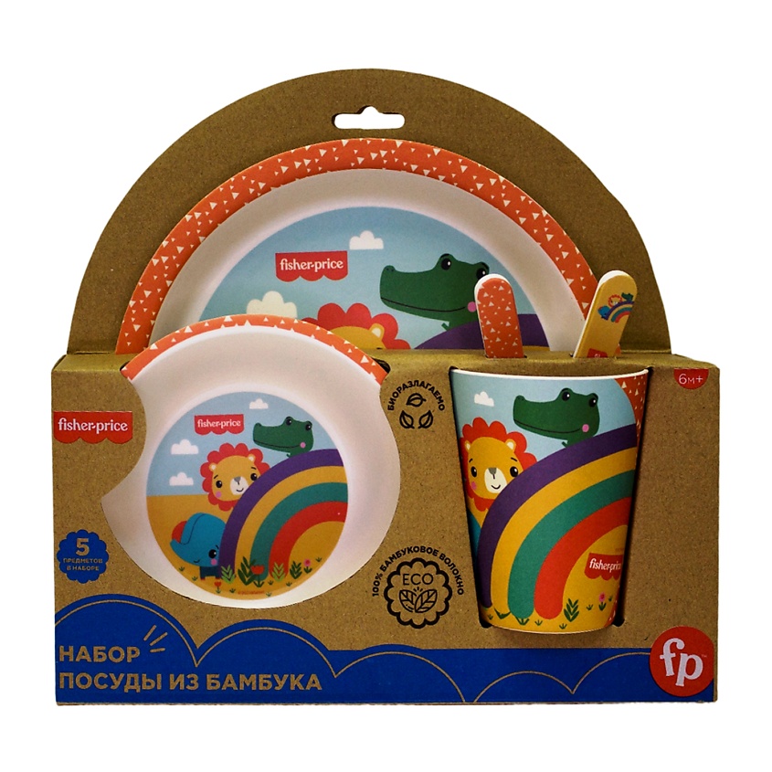 Изображение товара Fisher-Price Набор посуды из бамбука Веселые зверята 5 предметов для малышей