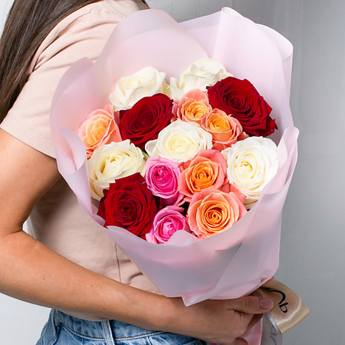 ЛЭТУАЛЬ FLOWERS Букет из разноцветных роз 15 шт. (40 см) платок букет васильков 60х60 мм