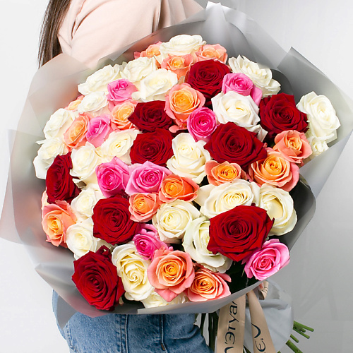 цветы лэтуаль flowers букет из разноцветных тюльпанов 51 шт Букет живых цветов ЛЭТУАЛЬ FLOWERS Букет из разноцветных роз 51 шт.
