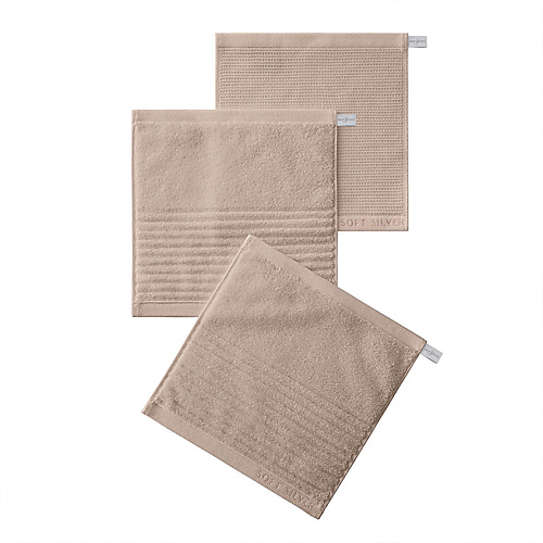 Набор полотенец SOFT SILVER Набор Antibacterial Cotton Towels, махровые салфетки 3 шт., 30х30 см. Цвет: «Песчаный берег» (бежевый) фотографии