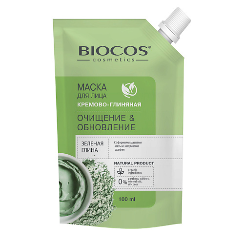 

BIOCOS Маска для лица на основе зеленой глины Очищение и Обновление в дойпаке, Маска для лица на основе зеленой глины Очищение и Обновление в дойпаке