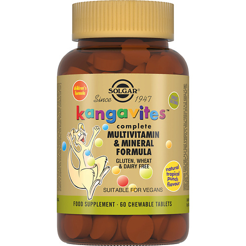 SOLGAR Кангавитес с мультивитаминами и минералами со вкусом тропических фруктов для детей solgar кангавитес с витамином с 100 со вкусом апельсина для детей 940 мг