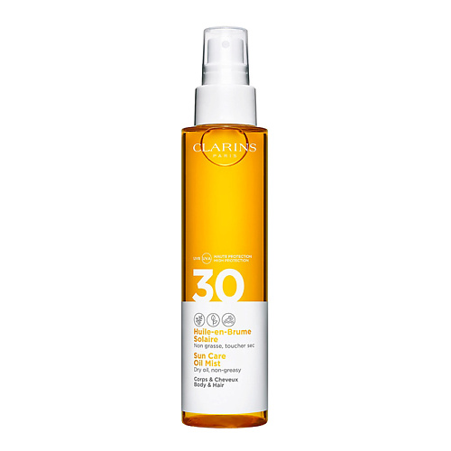 фото Clarins солнцезащитное масло-спрей для тела и волос spf 30 huile-en-brume solaire