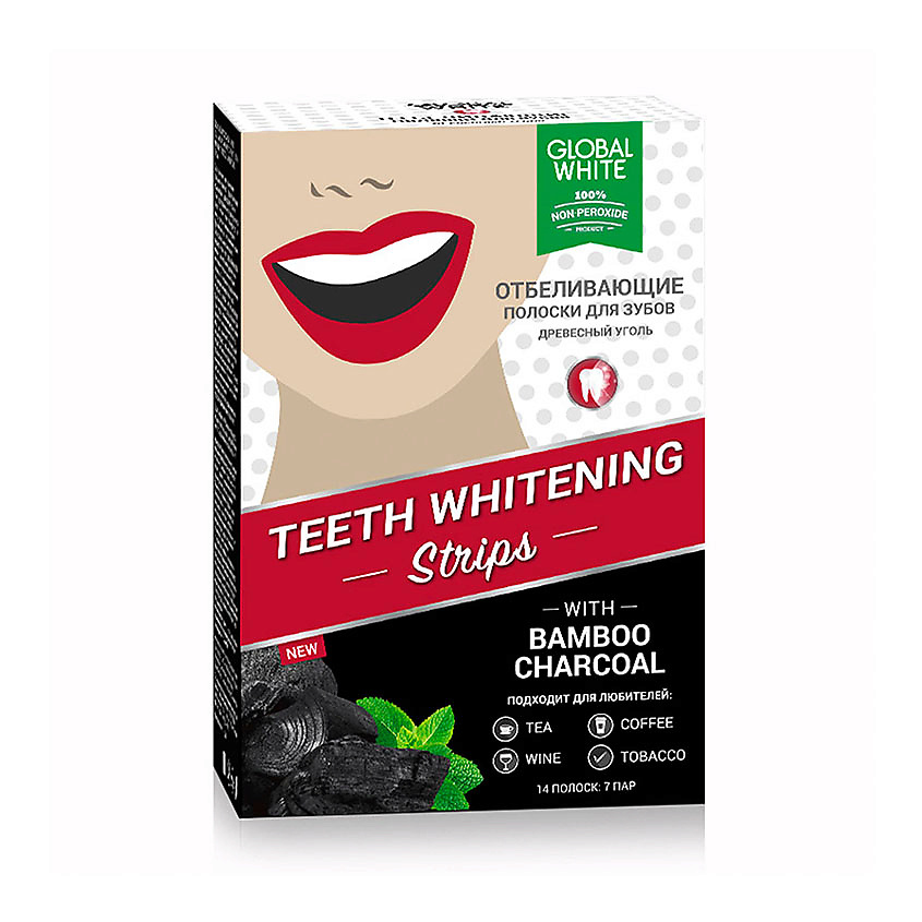 GLOBAL WHITE Полоски для отбеливания зубов Древесный уголь Teeth ...