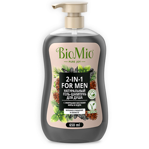 BIO MIO Натуральный гель-шампунь для душа для мужчин, с эфирными маслами Мяты и Кедра BIO SHOWER FOR MEN «2-in-1»
