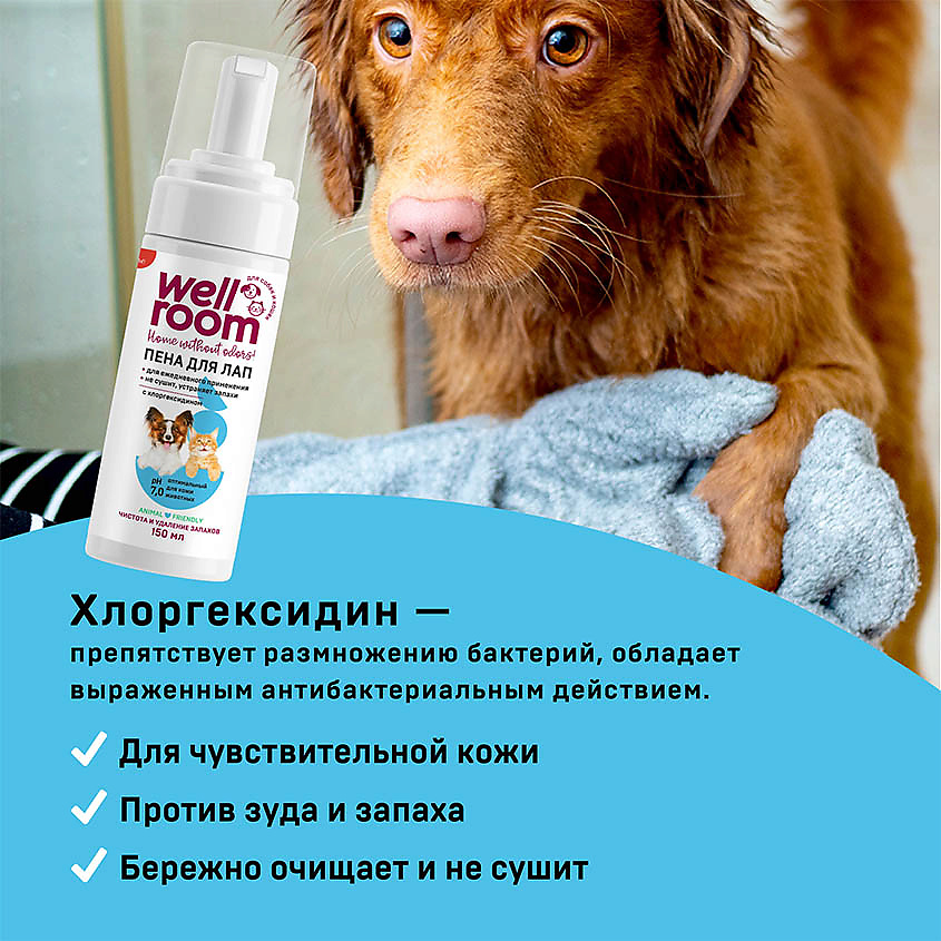 WELLROOM Пенка для мытья лап антибактериальная Pet Care