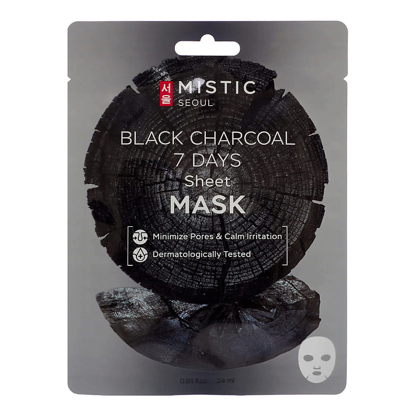 MISTIC Тканевая маска для лица с древесным углём Black Charcoal 7 Days ...
