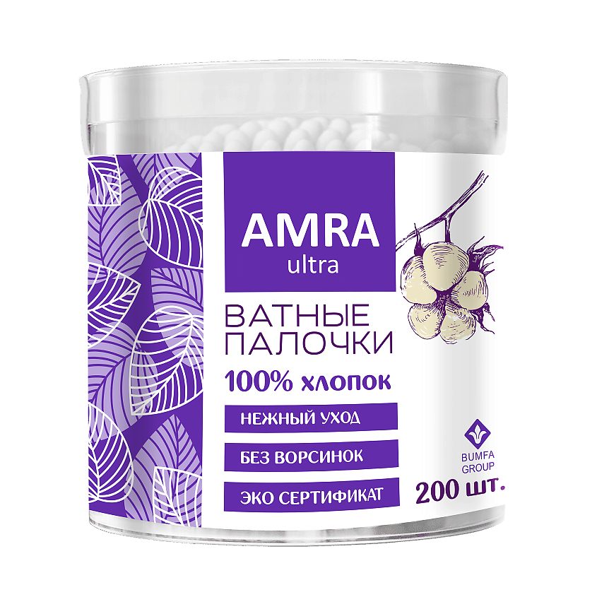 Изображение товара AMRA Палочки ватные в цилиндре, 200 шт.