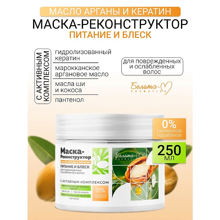 Изображение товара БЕЛИТА-М Маска-реконструктор для поврежденных и ослабленных волос Масло арганы и кератин, 250г