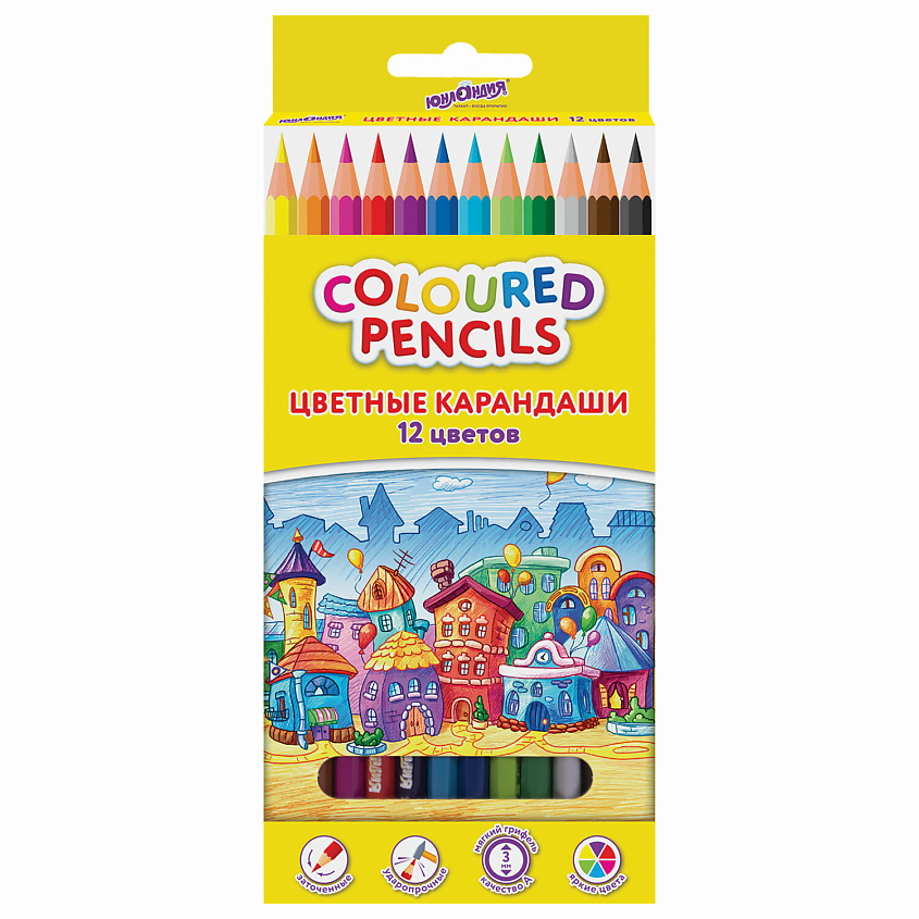 Изображение товара Цветные карандаши ЮНЛАНДИЯ Домики 12 цветов для детей