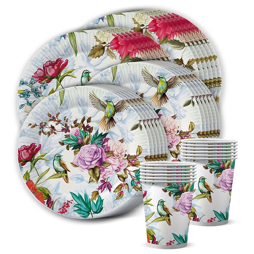 Изображение товара Набор одноразовой посуды Птица и Цветы для праздника 12 тарелок и стаканов