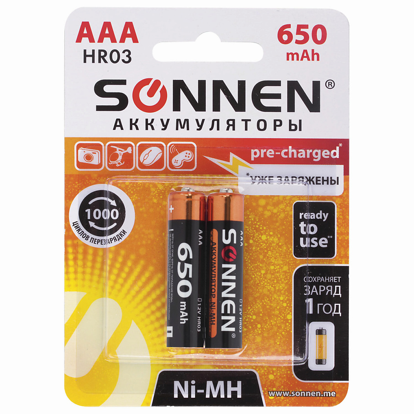 Изображение товара SONNEN Батарейки аккумуляторные, AAA (HR03) Ni-Mh, Емкость: 650 mAh.