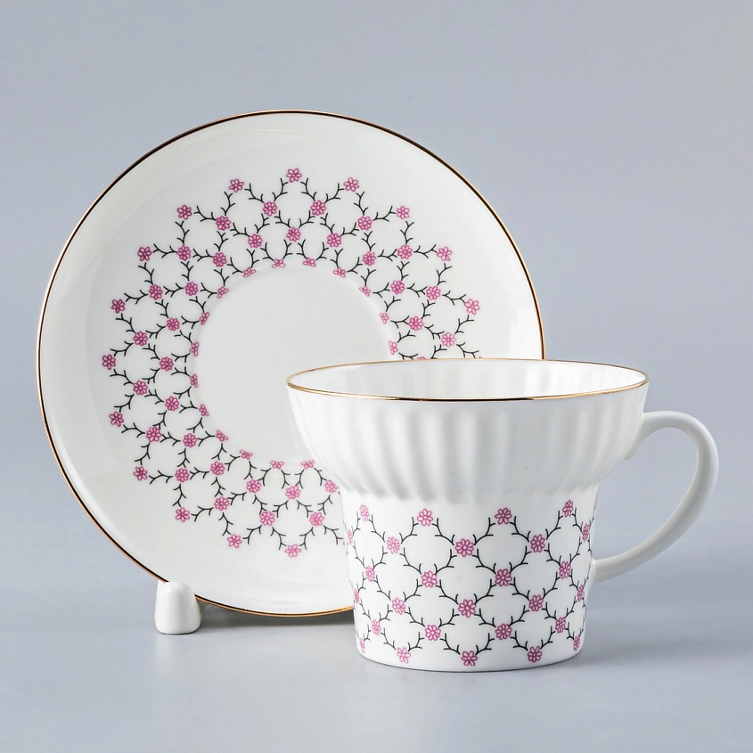 Изображение товара ИМПЕРАТОРСКИЙ ФАРФОРОВЫЙ ЗАВОД Чашка с блюдцем "Розовая сетка", 1 шт.