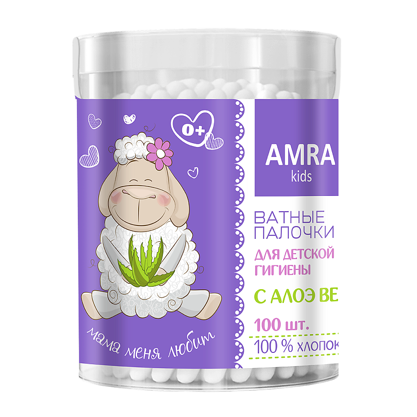 Изображение товара AMRA Палочки ватные для детской гигиены с алоэ вера в цилиндре, 100 шт.