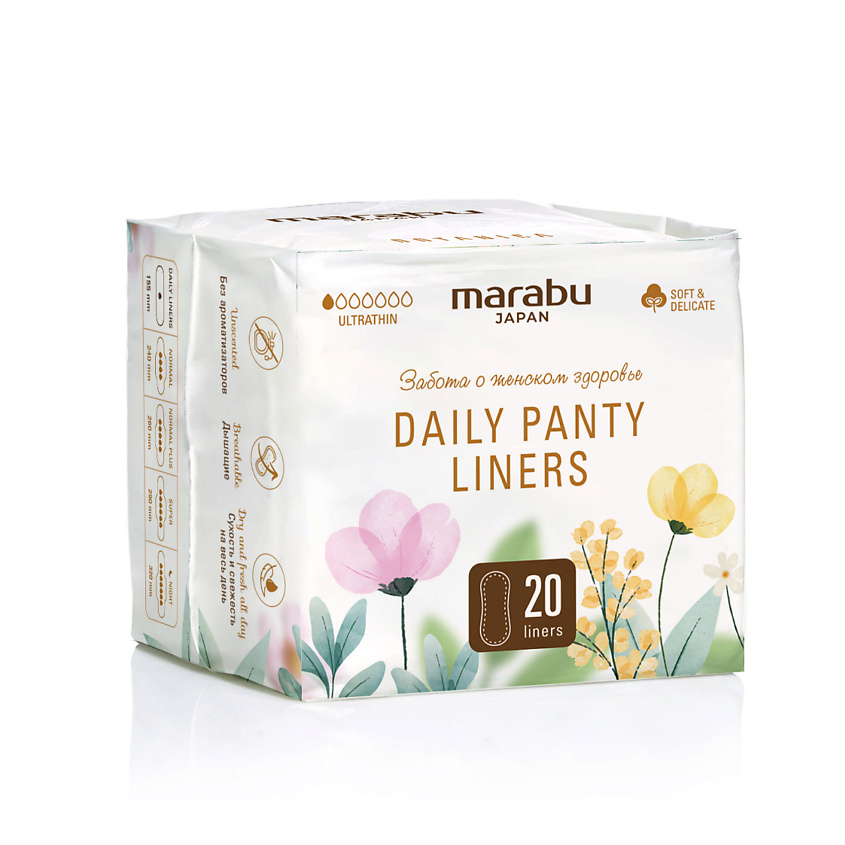 Изображение товара Ежедневные женские гигиенические прокладки MARABU 20 шт ультратонкие с фиксирующим слоем
